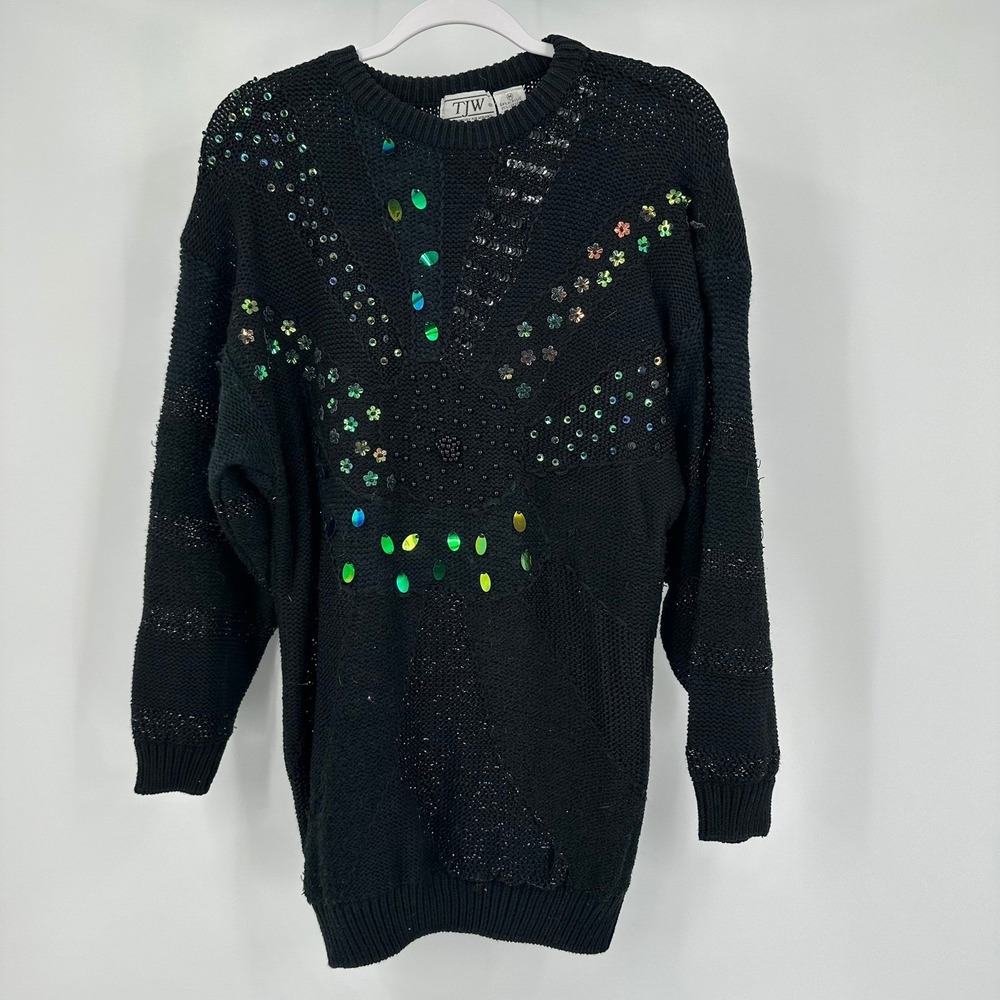Women Vintage Grandma Sweater Size M Oversized Sequin Beaded Sparkly Festive 90s